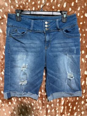 YMI Women's Distressed Denim Bermuda Shorts - Medium Blue